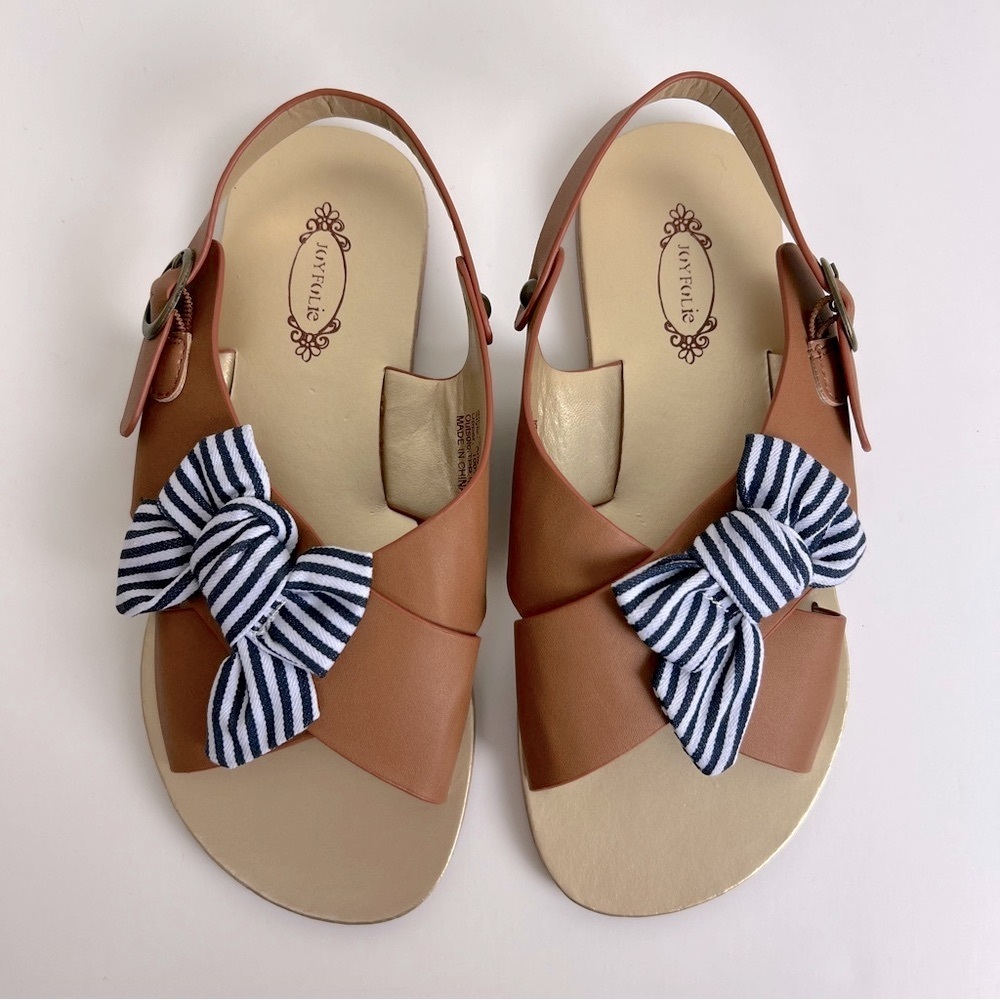 Joyfolie | Striped Bow Criss Cross Sandal Brown With Navy White Bow | Girls 2.